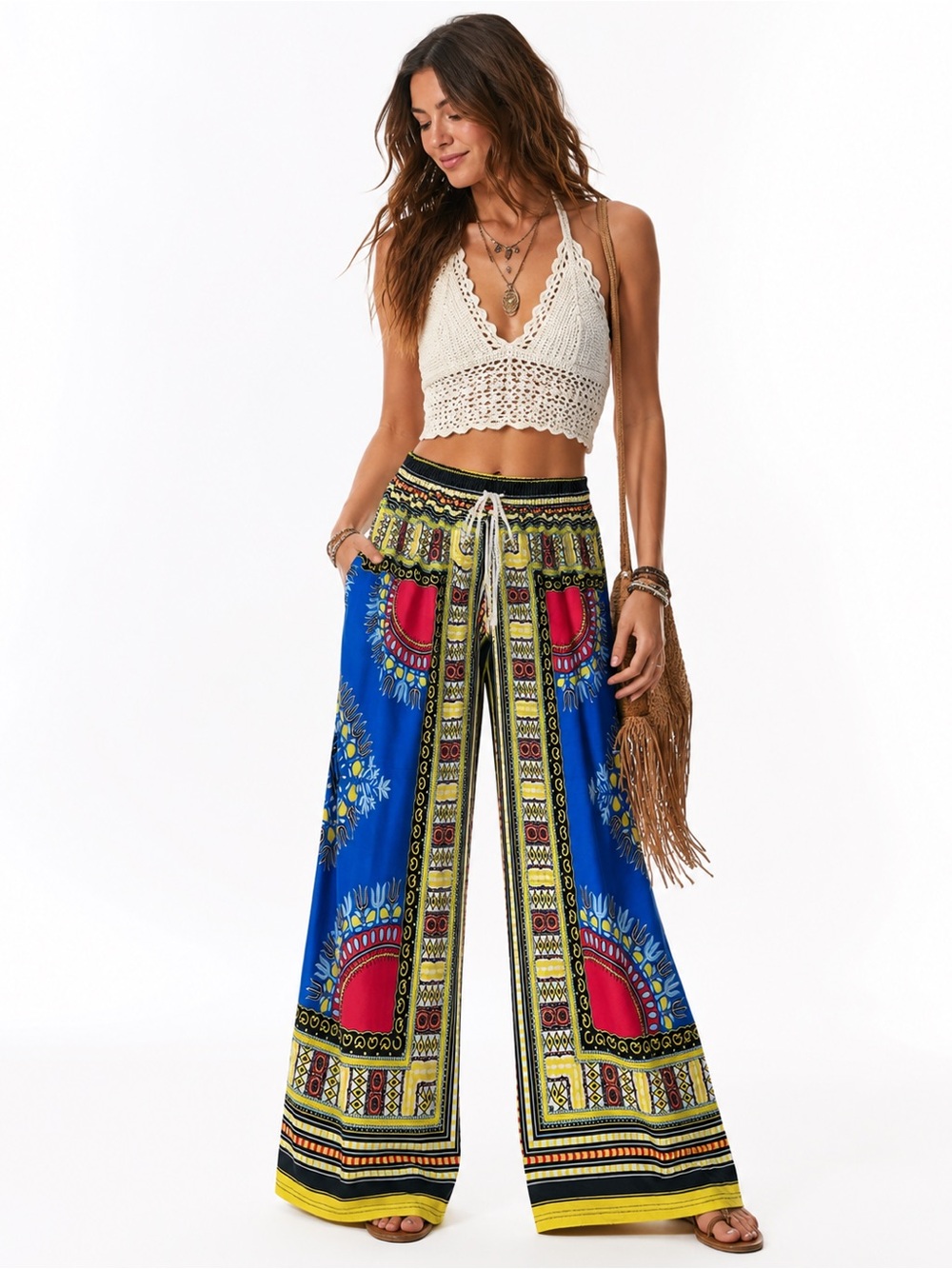 Colorful Dashiki Inspired Wide Leg Palazzo Pants XL Boho Festival Lounge
